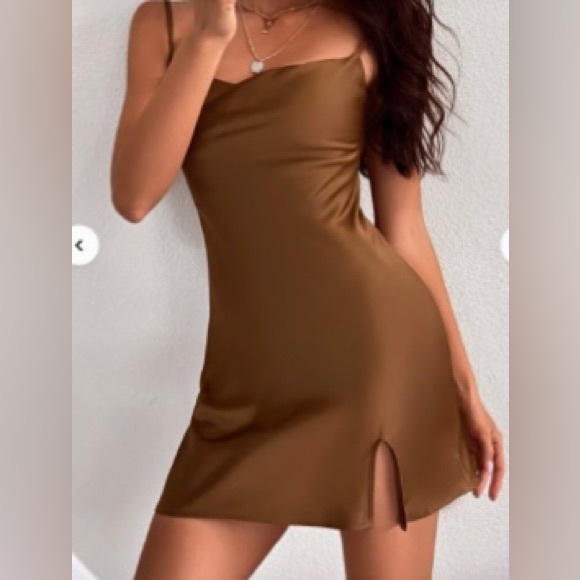 sexy coffee brown satin mini dress - Picture 4 of 4